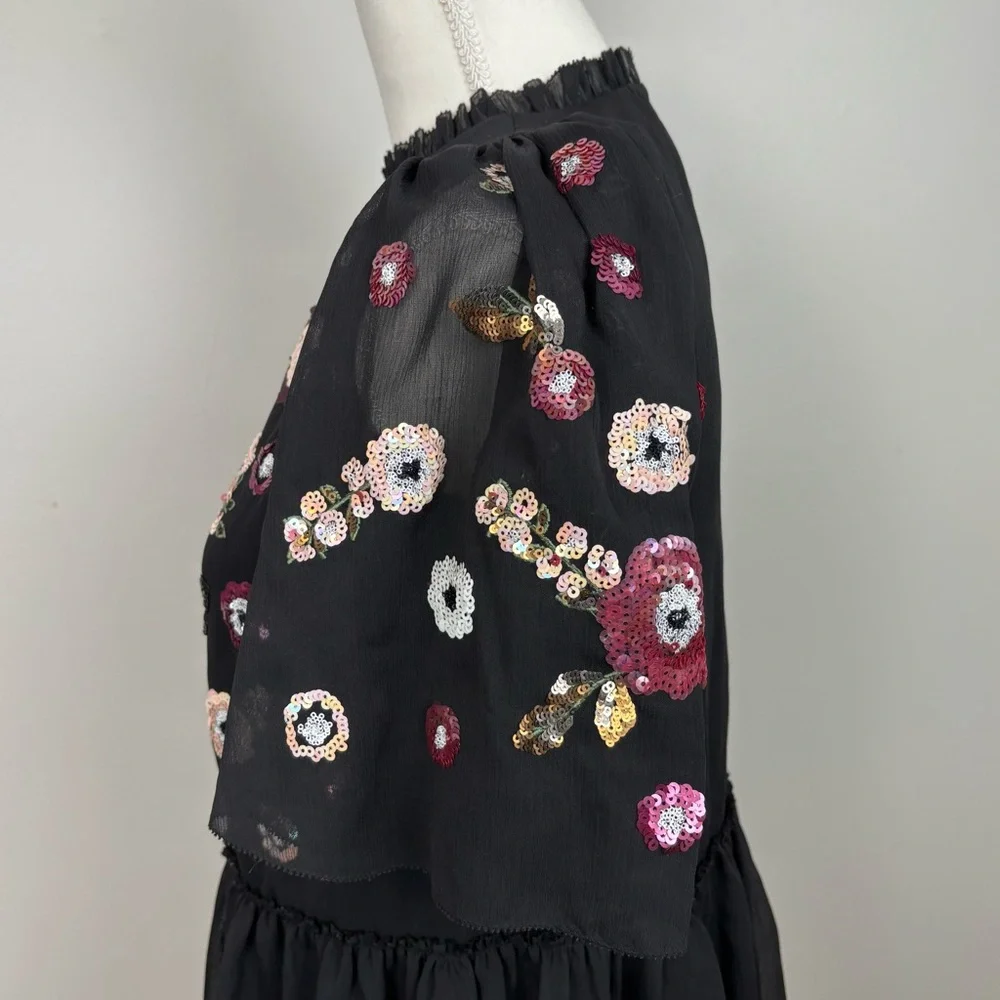 Kate Spade X Madison Avenue Top Womens XXS Black Sequin‎ Floral Blouse